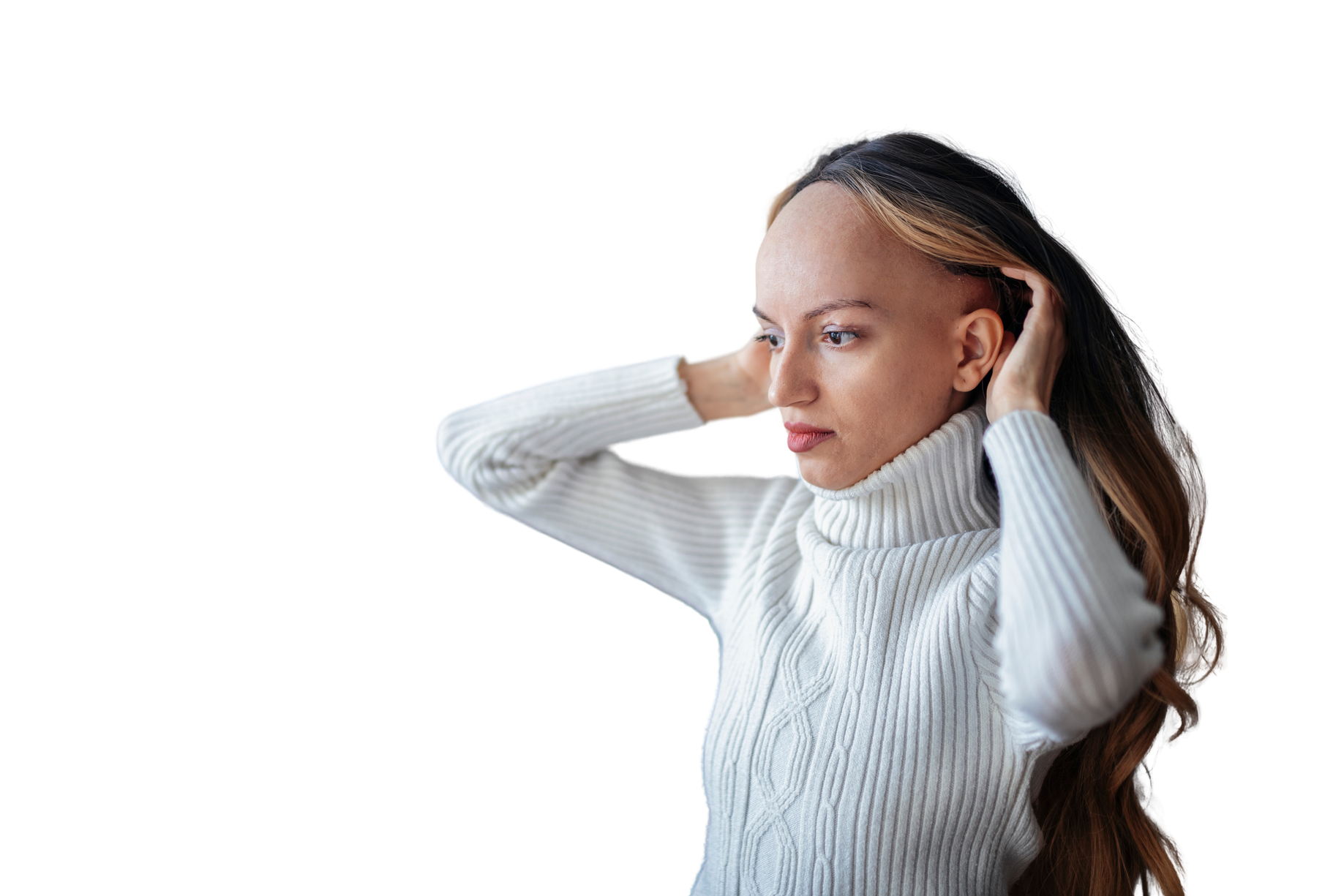 Woman with wig after hair loss due to cancer.